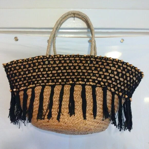 Handmade Braided Straw Basket Tote Boho Crochet Beaded Trim Drawstring Bag - Picture 5 of 10